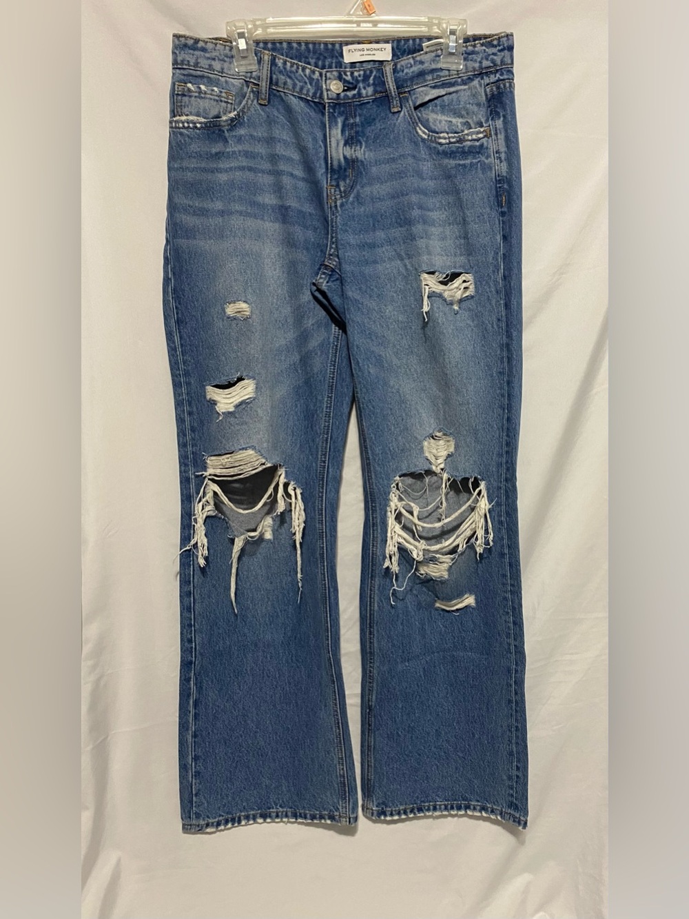 Flying Monkey Womens Blue Distressed Straight-Leg Jeans